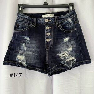 KanCan Button Down Shorts Dark Blue Distressed Denim Pockets Women’s Size 5 | 26